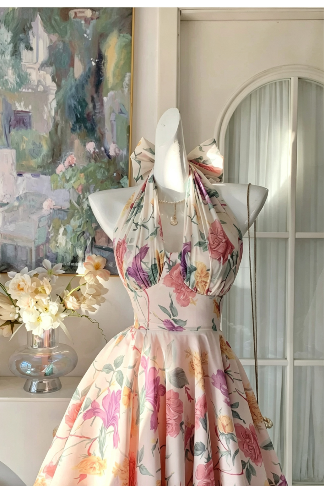 Garten Blumenprint Neckholder-Kleid, Schleifen-Rücken Kurzes Partykleid F0058