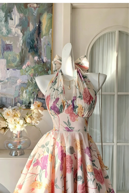 Garten Blumenprint Neckholder-Kleid, Schleifen-Rücken Kurzes Partykleid F0058