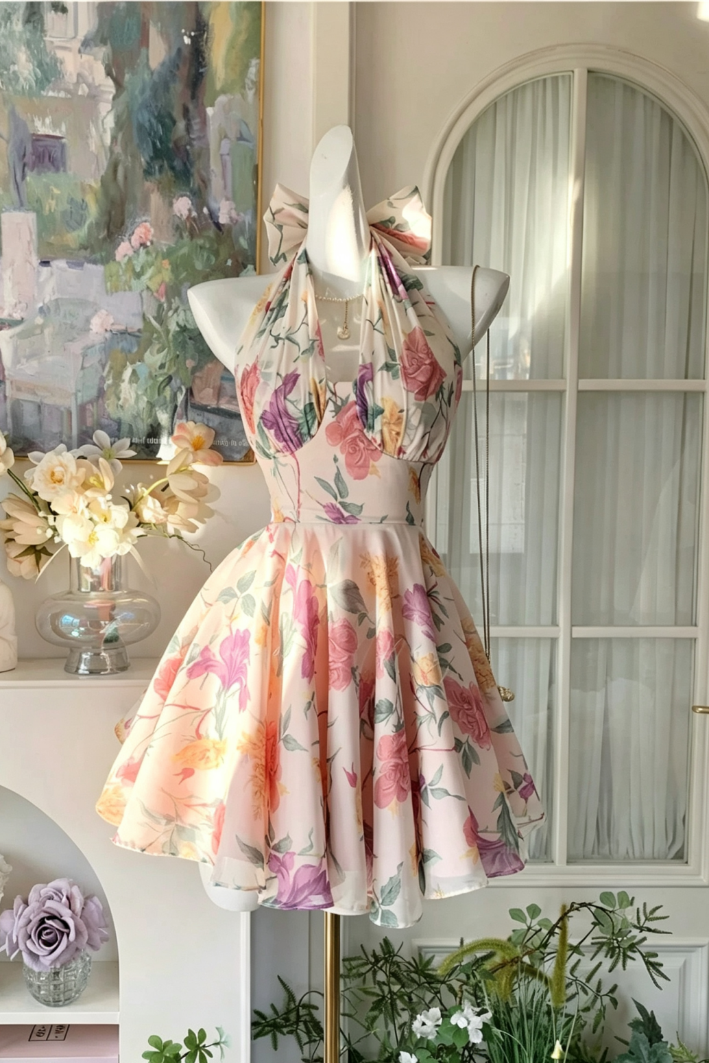 Garten Blumenprint Neckholder-Kleid, Schleifen-Rücken Kurzes Partykleid F0058