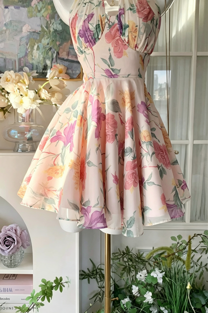 Garten Blumenprint Neckholder-Kleid, Schleifen-Rücken Kurzes Partykleid F0058