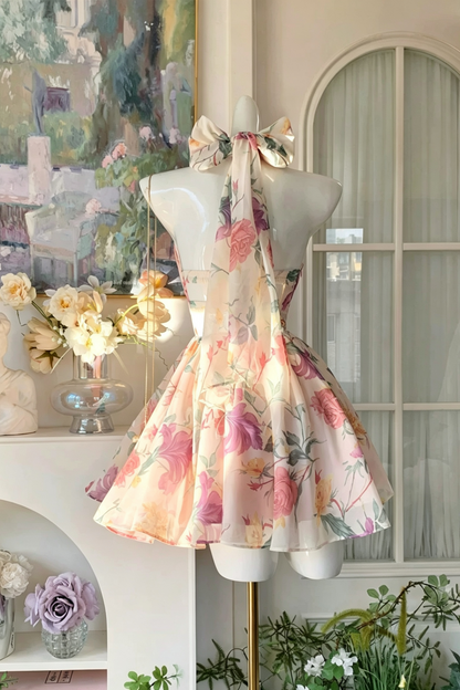 Garten Blumenprint Neckholder-Kleid, Schleifen-Rücken Kurzes Partykleid F0058