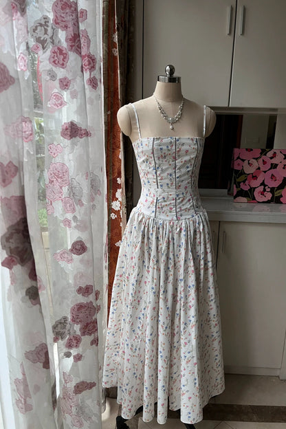 Spaghetti Strap Floral Midi Dress Corset Bodice Garden Party Gown F0425