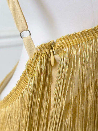 Gold Fringe Spaghetti Strap Backless Maxi Evening Dress F0454
