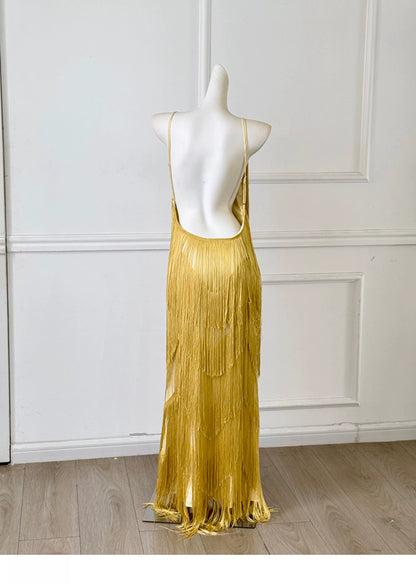 Gold Fringe Spaghetti Strap Backless Maxi Evening Dress F0454