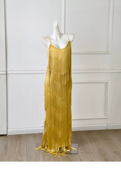 Gold Fringe Spaghetti Strap Backless Maxi Evening Dress F0454