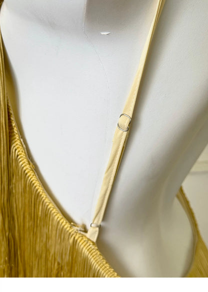 Gold Fringe Spaghetti Strap Backless Maxi Evening Dress F0454
