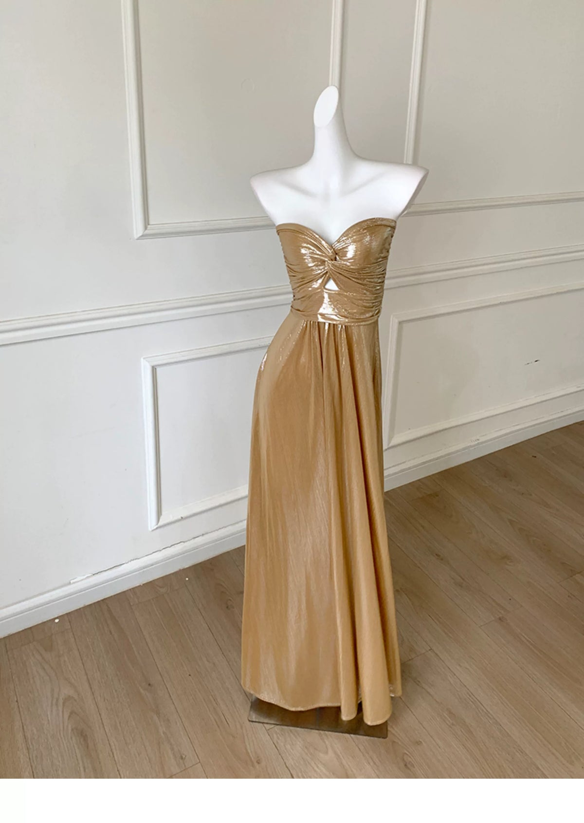 Gold Metallic Strapless Twist Front Maxi Dress F0476