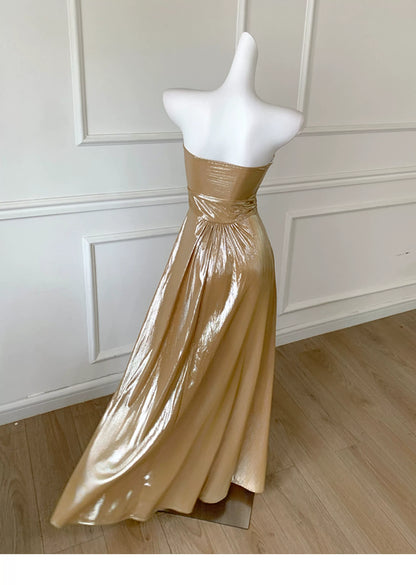 Gold Metallic Strapless Twist Front Maxi Dress F0476