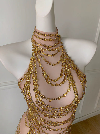 Gold Rhinestone Halter Sheer Mesh Midi Evening Dress F0492