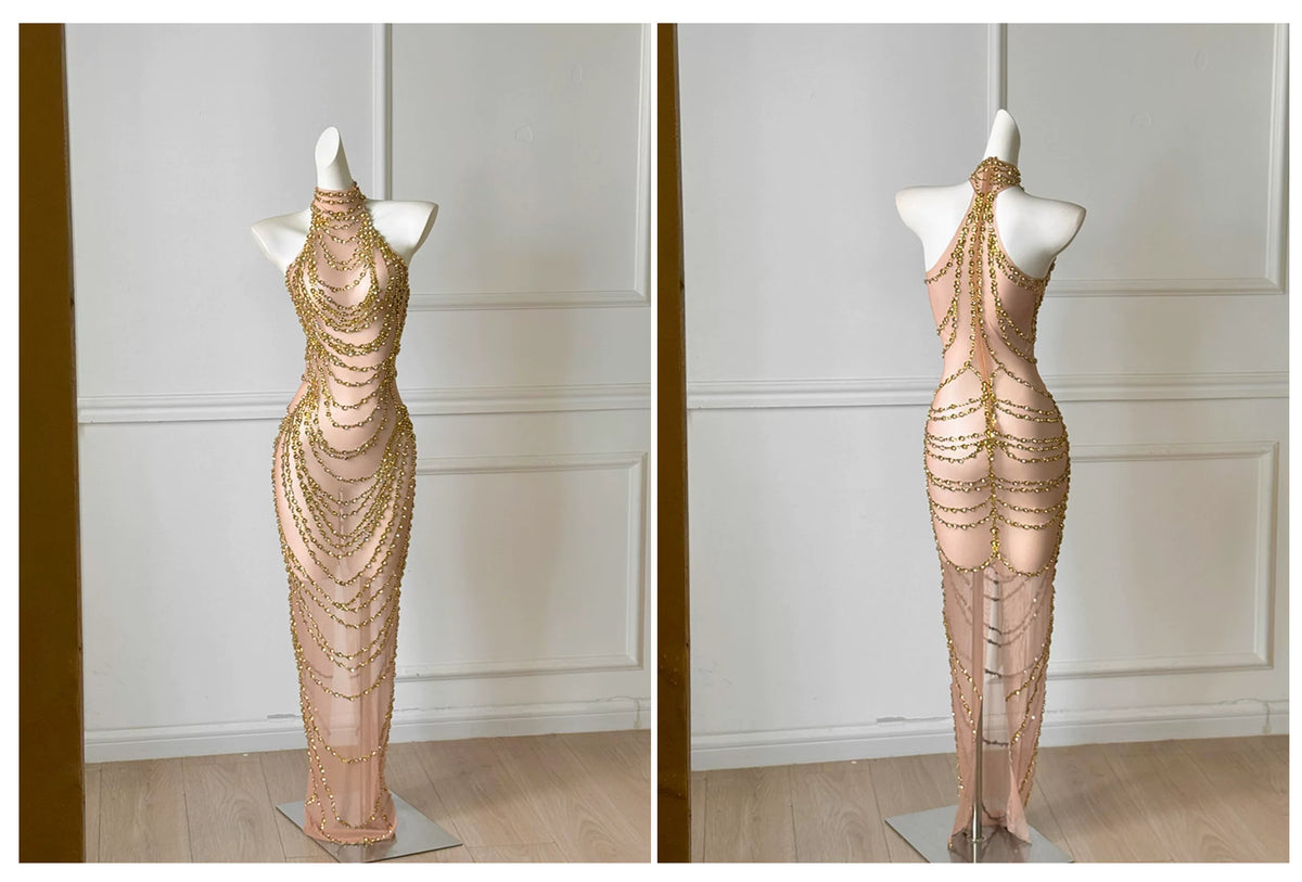 Gold Rhinestone Halter Sheer Mesh Midi Evening Dress F0492