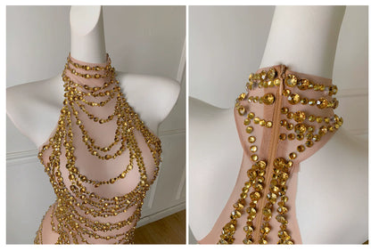 Gold Rhinestone Halter Sheer Mesh Midi Evening Dress F0492