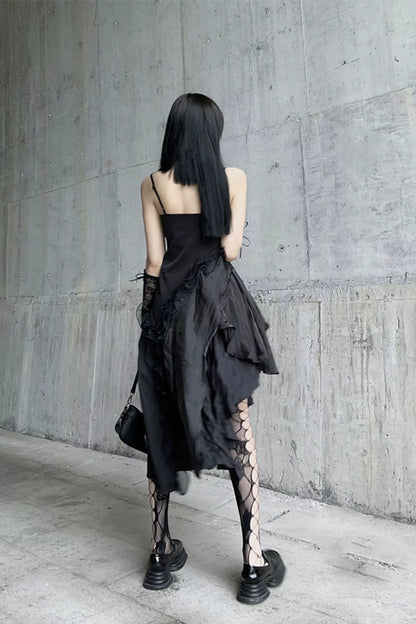 Gothic Spaghetti Strap Asymmetrical Ruffle Party Dress F0500