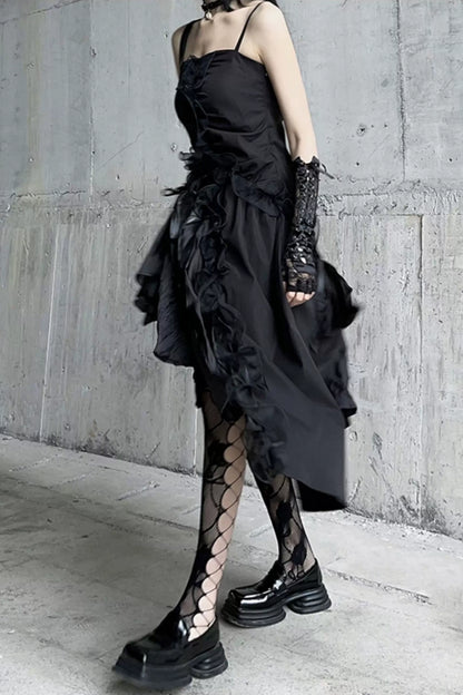 Gothic Spaghetti Strap Asymmetrical Ruffle Party Dress F0500