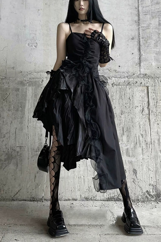 Gothic Spaghetti Strap Asymmetrical Ruffle Party Dress F0500