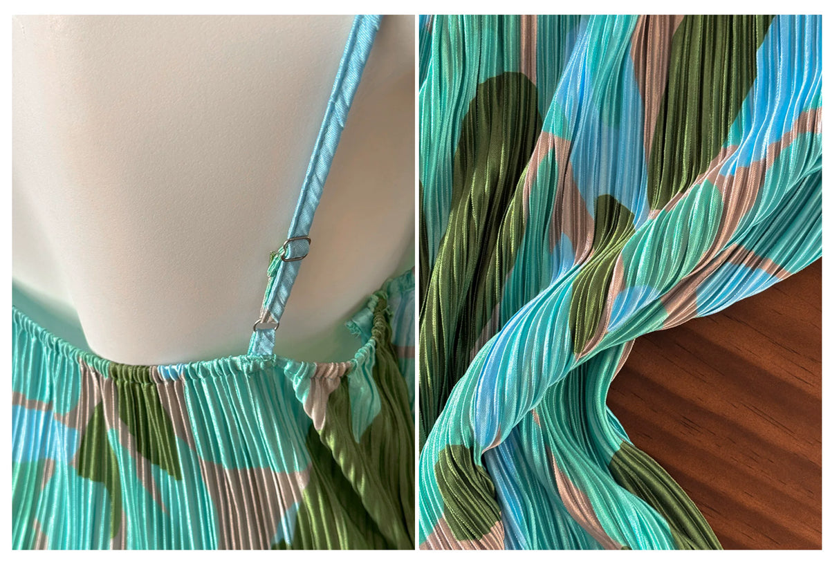 Green Blue Abstract Print Pleated Spaghetti Strap Maxi Dress, Vacation Dress F0482