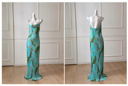 Green Blue Abstract Print Pleated Spaghetti Strap Maxi Dress, Vacation Dress F0482