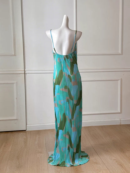 Green Blue Abstract Print Pleated Spaghetti Strap Maxi Dress, Vacation Dress F0482