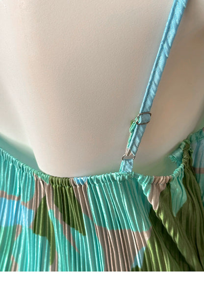 Green Blue Abstract Print Pleated Spaghetti Strap Maxi Dress, Vacation Dress F0482