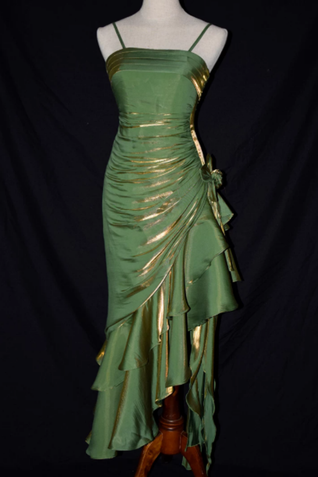 Iridescent Green Gold Shiny Spaghetti Strap Formal Dress, Ruched Asymmetrical Ruffle Floral Party Dress L010