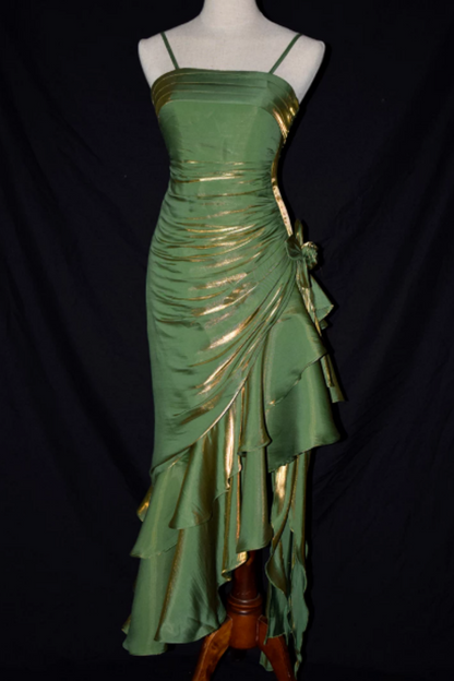 Iridescent Green Gold Shiny Spaghetti Strap Formal Dress, Ruched Asymmetrical Ruffle Floral Party Dress L010