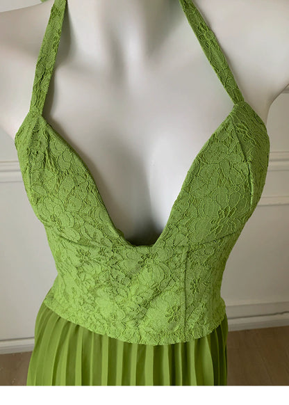 Green Halter Lace Bodice Pleated Chiffon Long Prom Dress F0464