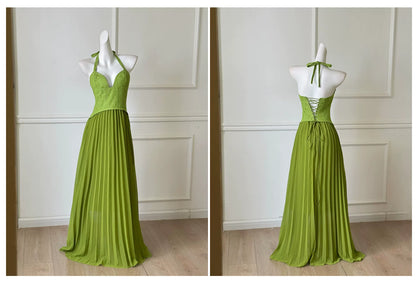 Green Halter Lace Bodice Pleated Chiffon Long Prom Dress F0464
