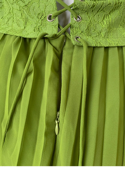 Green Halter Lace Bodice Pleated Chiffon Long Prom Dress F0464