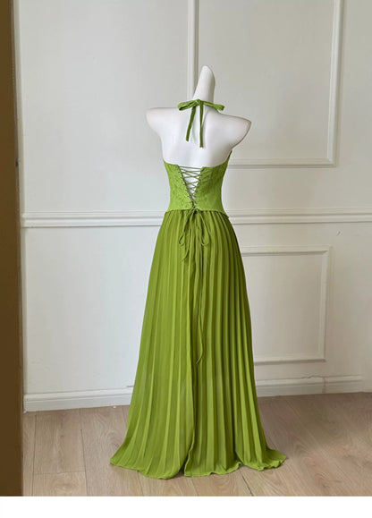 Green Halter Lace Bodice Pleated Chiffon Long Prom Dress F0464