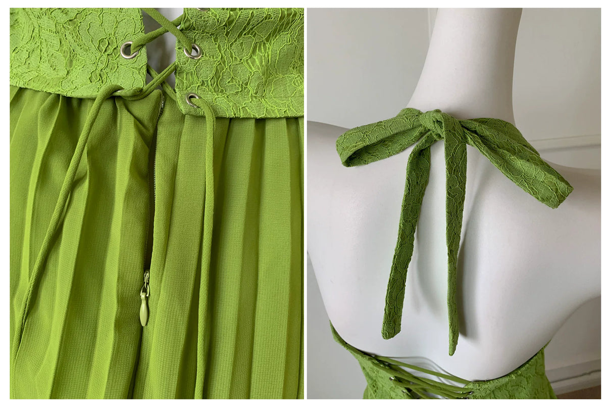 Green Halter Lace Bodice Pleated Chiffon Long Prom Dress F0464