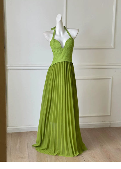 Green Halter Lace Bodice Pleated Chiffon Long Prom Dress F0464