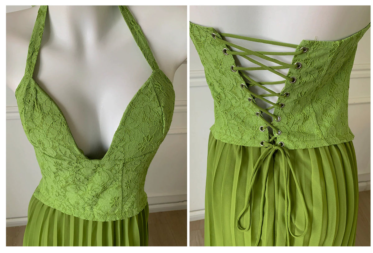 Green Halter Lace Bodice Pleated Chiffon Long Prom Dress F0464