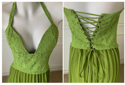 Green Halter Lace Bodice Pleated Chiffon Long Prom Dress F0464