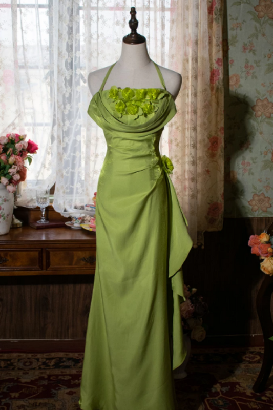 Green Halter Mermaid Formal Dress with 3D Florals L031