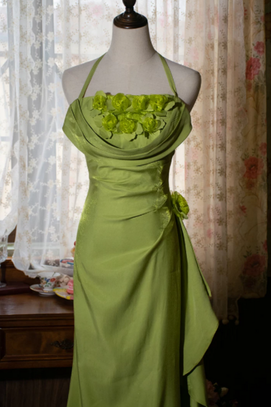 Green Halter Mermaid Formal Dress with 3D Florals L031