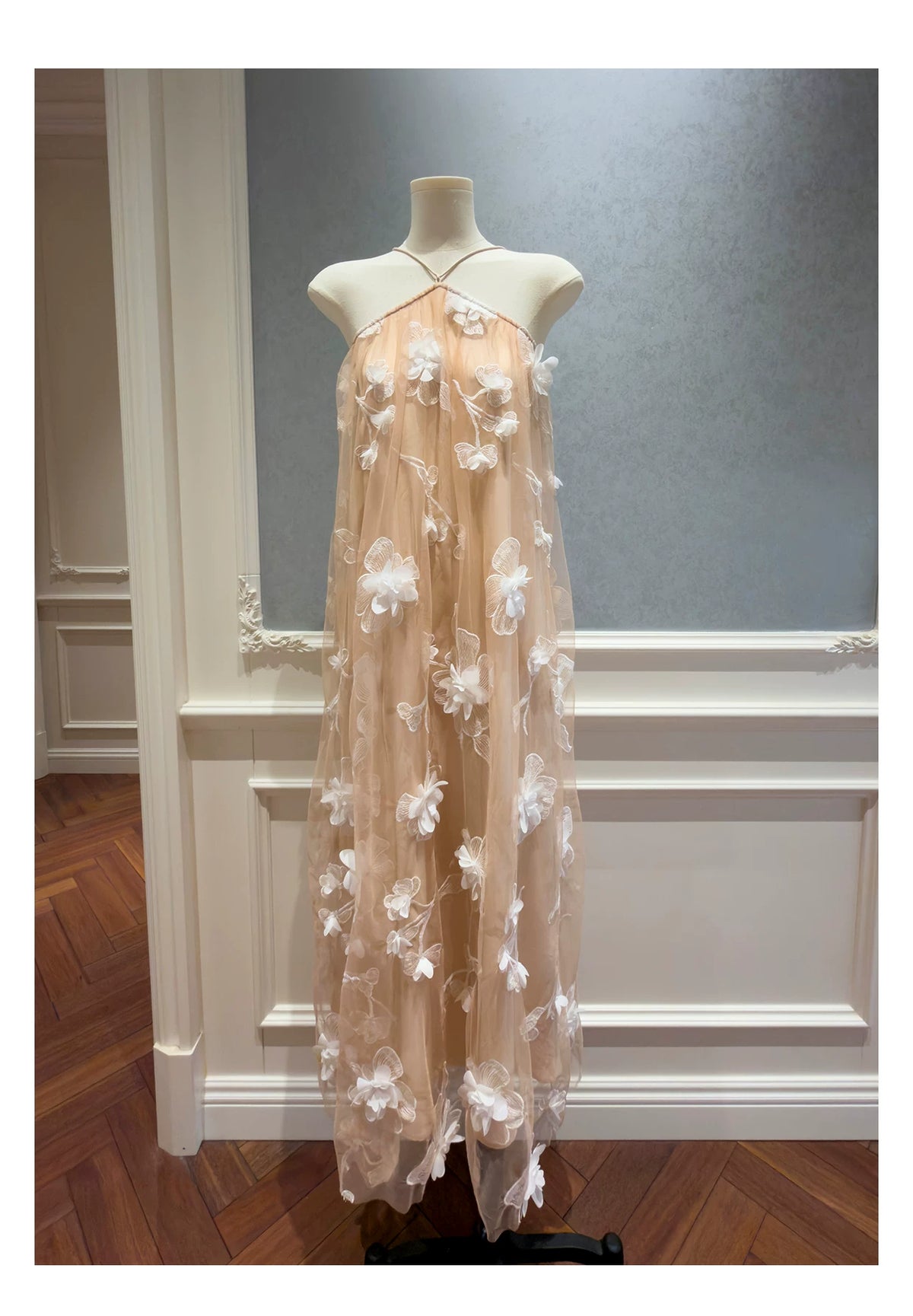 Halter Nude 3D Floral Tulle Long Evening Dress F0444