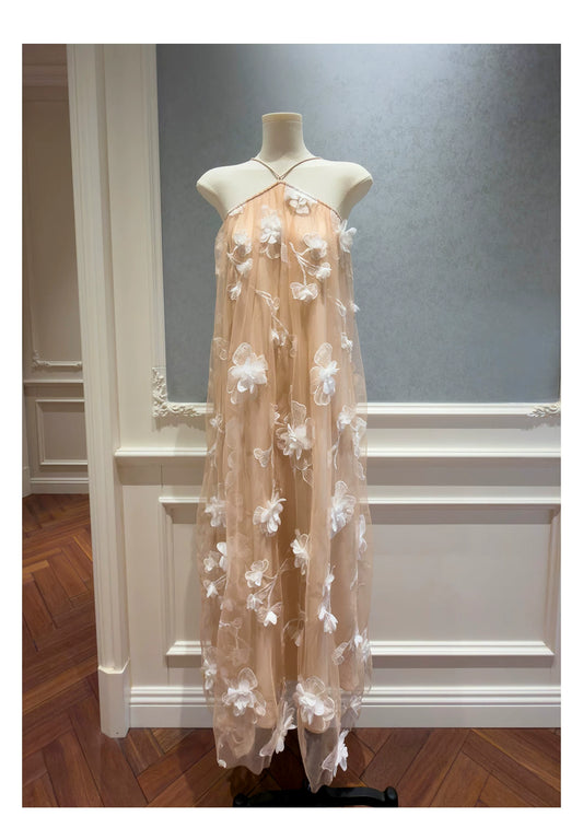 Halter Nude 3D Floral Tulle Long Evening Dress F0444