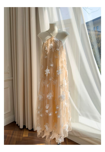 Halter Nude 3D Floral Tulle Long Evening Dress F0444