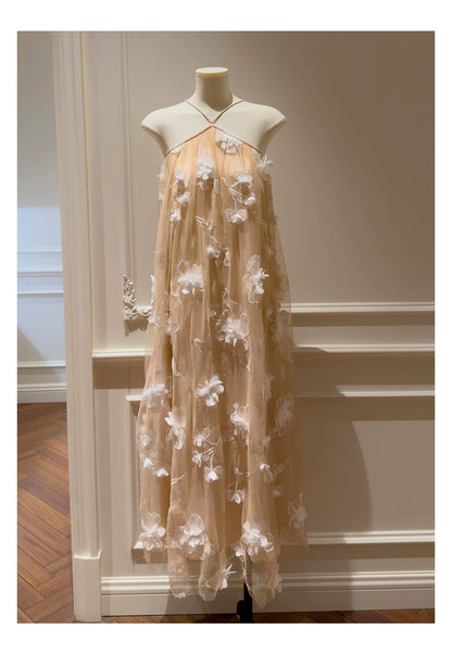 Halter Nude 3D Floral Tulle Long Evening Dress F0444