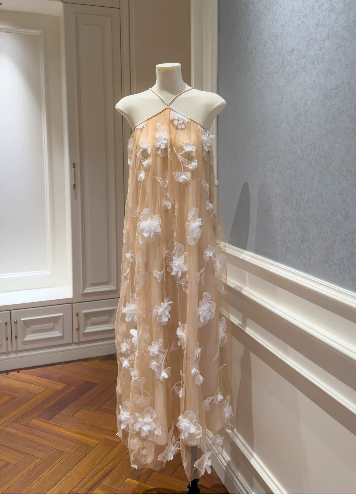 Halter Nude 3D Floral Tulle Long Evening Dress F0444