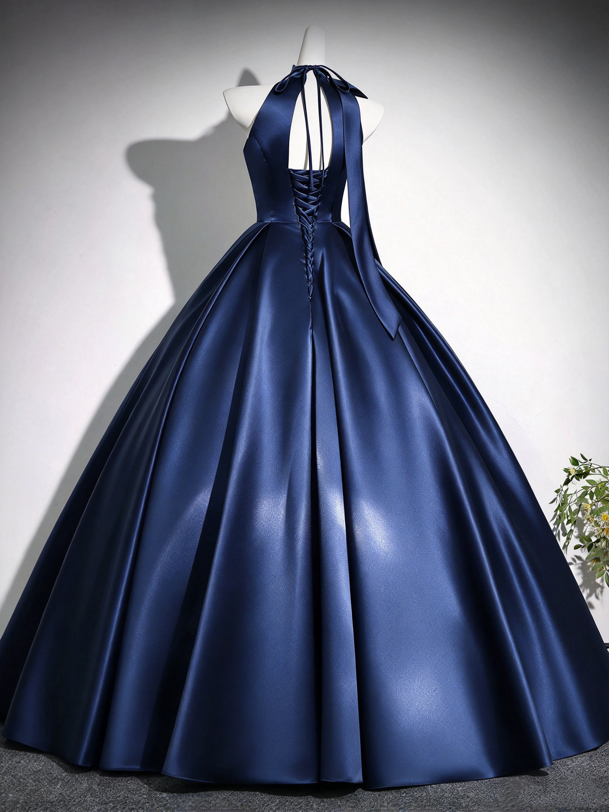 Halter Satin Ball Gown, Bow Neck A-Line Formal Evening Dress F0421