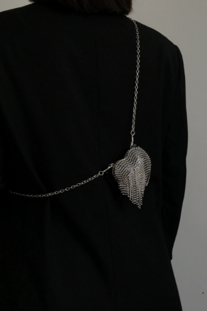 Heart Rhinestone Tassel Evening Clutch, Detachable Chain Crossbody Bag B004