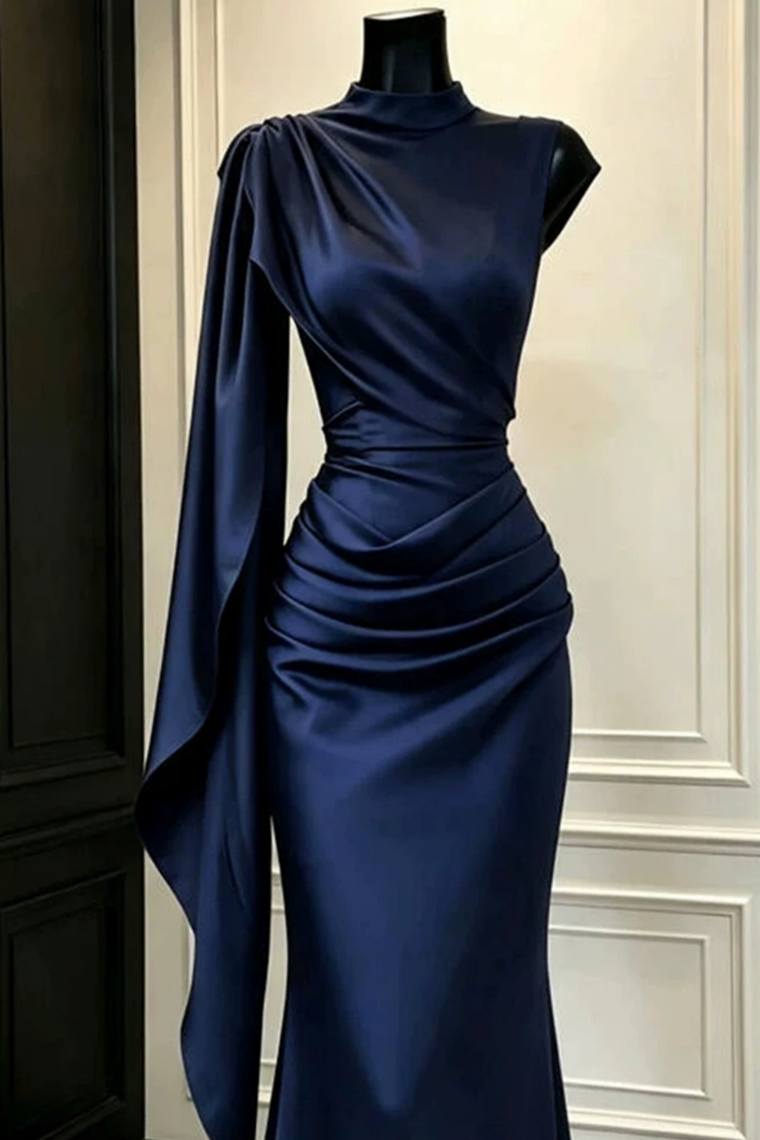 High Neck Satin Mermaid Evening Dress Draped Formal Gown With Cape Sleeve F0419