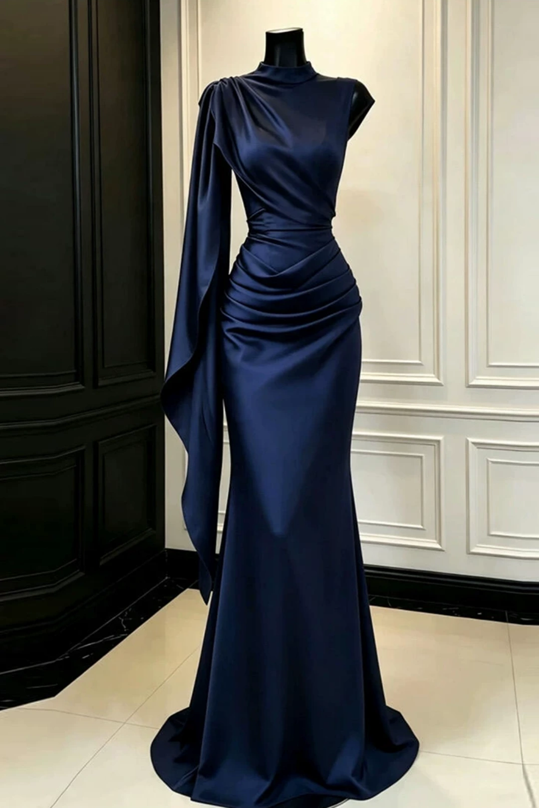 High Neck Satin Mermaid Evening Dress Draped Formal Gown With Cape Sleeve F0419