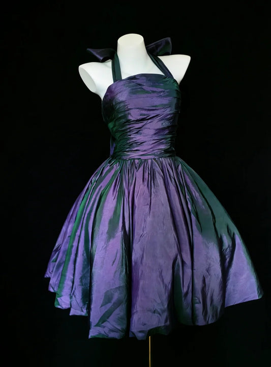 Irisierendes Lila-Grün Neckholder Heimkehrkleid Gerafftes Kurzes Satin Partykleid F0020