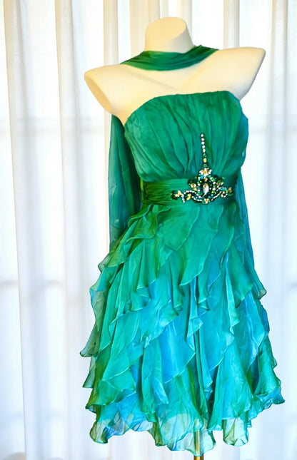 Grün-Blau Ombre Chiffon Homecoming Kleid Perlen Rüschen Kurzes Partykleid F0022
