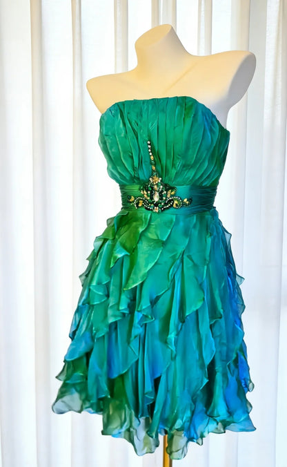 Grün-Blau Ombre Chiffon Homecoming Kleid Perlen Rüschen Kurzes Partykleid F0022