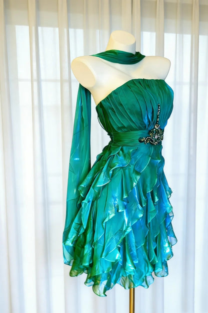 Grün-Blau Ombre Chiffon Homecoming Kleid Perlen Rüschen Kurzes Partykleid F0022