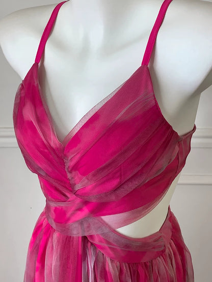 Hot Pink Spaghetti Strap Cutout Tulle Long Prom Dress F0470