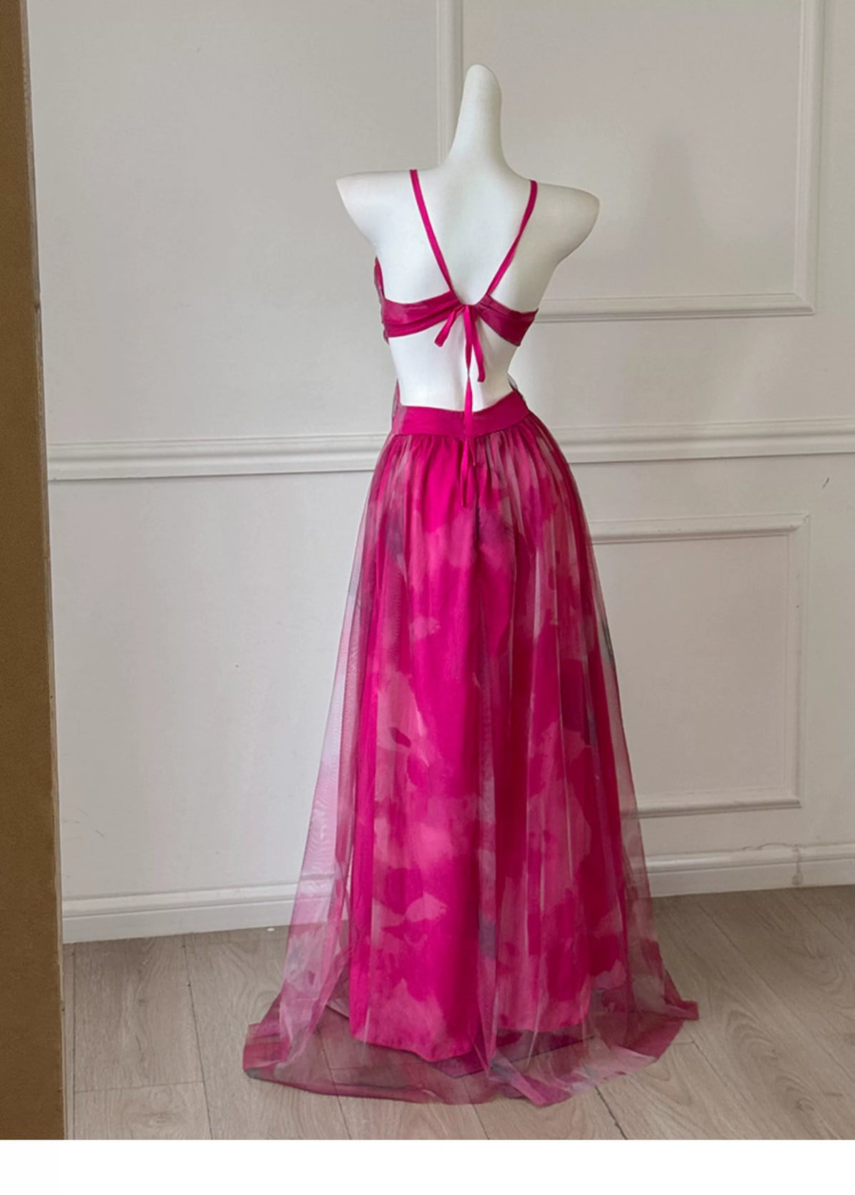 Hot Pink Spaghetti Strap Cutout Tulle Long Prom Dress F0470