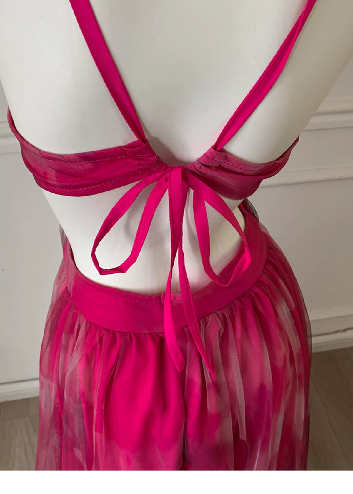 Hot Pink Spaghetti Strap Cutout Tulle Long Prom Dress F0470